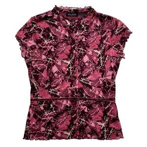 Vintage Cute Medium Y2K Mesh Sheer 90s Blouse Red Floral Lettuce Hem Whimsygoth